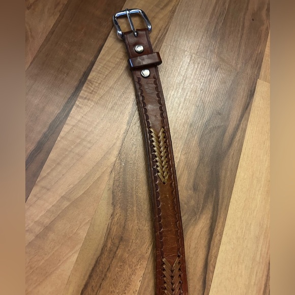 Brown Leather Belt with Silver Buckle and Decorative Braided Stitching - Picture 6 of 8